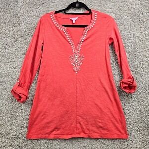 Lilly Pulitzer Tunic Women Size S Pink Beaded V-Neck Roll Tab Sleeve Boho